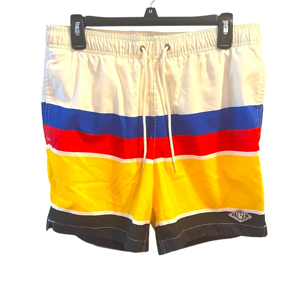 Black/Yellow/Red/Blue/Cream Striped Mesh Lined Swim Shorts by PacSun.Size=Medium